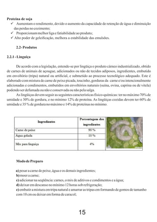 Proteína de soja
 Aumentam o rendimento, devido o aumento da capacidade de retenção de água e diminuição
das perdas no cozimento;
 Proporcionam melhor liga e fatiabilidade ao produto;
 Alto poder de geleiﬁcação, melhora a estabilidade das emulsões.
2.2- Produtos
2.2.1 - Linguiça
De acordo com a legislação, entende-se por lingüiça o produto cárneo industrializado, obtido
de carnes de animais de açougue, adicionados ou não de tecidos adiposos, ingredientes, embutido
em envoltório (tripa) natural ou artiﬁcial, e submetido ao processo tecnológico adequado. Este é
elaborado com mistura de carne de peixe picada, toucinho, gorduras da carne e/ou intencionalmente
adicionadas e condimentos, embutidos em envoltórios naturais (suína, ovina, caprina ou de vitela)
podendo ser defumada ou não e conservada ou não pela salga.
As lingüiças devem seguir as seguintes características físico-químicas: ter no máximo 70% de
umidade e 30% de gordura, e no mínimo 12% de proteína. As lingüiças cozidas devem ter 60% de
umidade e 35 % de gordura no máximo e 14% de proteínas no mínimo.

Modo de Preparo
a) pesar a carne de peixe, água e os demais ingredientes;
b) moer a carne;
c) adicionar na seqüência: carnes, o mix de aditivos e condimentos e a água;
d) deixar em descanso no mínimo 12 horas sob refrigeração;
e) embutir a mistura em tripa natural e amarrar as tripas em formando de gomos de tamanho
com 10 cm ou deixar em forma de caracol;

15

 