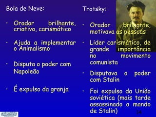 Bola de Neve:                 Trotsky:

•   Orador       brilhante,   •   Orador     brilhante,
    criativo, carismático         motivava as pessoas
•   Ajuda a implementar       •   Lider carismático, de
    o Animalismo                  grande importância
                                  no         movimento
•   Disputa o poder com           comunista
    Napoleão                  •   Disputava o    poder
                                  com Stalin
•   É expulso da granja       •   Foi expulso da União
                                  soviética (mais tarde
                                  assassinado a mando
                                  de Stalin)      14
 