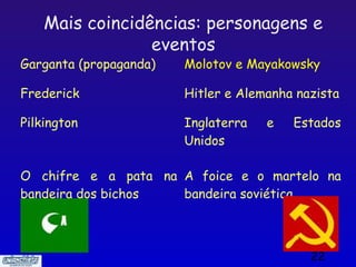Mais coincidências: personagens e
                 eventos
Garganta (propaganda)   Molotov e Mayakowsky

Frederick               Hitler e Alemanha nazista

Pilkington              Inglaterra   e   Estados
                        Unidos

O chifre e a pata na A foice e o martelo na
bandeira dos bichos  bandeira soviética



                                            22
 
