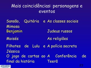 Mais coincidências: personagens e
               eventos

Sansão, Quitéria   e As classes sociais
Mimosa
Benjamin             Judeus russos
Moisés               As religiões
Filhotes de Lulu e A polícia secreta
Jéssica
O jogo de cartas ao A Conferência          de
final da história   Teerã
                                          23
 