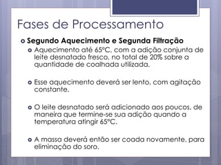 Fases de Processamento
 Segundo Aquecimento e Segunda Filtração
 Aquecimento até 65°C, com a adição conjunta de
leite desnatado fresco, no total de 20% sobre a
quantidade de coalhada utilizada.
 Esse aquecimento deverá ser lento, com agitação
constante.
 O leite desnatado será adicionado aos poucos, de
maneira que termine-se sua adição quando a
temperatura atingir 65°C.
 A massa deverá então ser coada novamente, para
eliminação do soro.
 