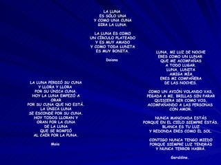 LA LUNA PERDIÓ SU CUNA Y LLORA Y LLORA  POR SU ÚNICA CUNA. HOY LA LUNA EMPEZÓ A ORAR POR SU CUNA QUE NO ESTÁ. LA ÚNICA LUNA SE ESCONDE POR SU CUNA. HOY TODOS LLORAN Y ORAN POR LA CUNA DE LA LUNA QUE SE ROMPIÓ AL CAER POR LA PUNA. Maia  LUNA, MI LUZ DE NOCHE ERES COMO UN LUNAR  QUE ME ACOMPAÑAS A TODO LUGAR. LUNA, LUNITA AMIGA MÍA ERES MI COMPAÑERA DE LAS NOCHES. COMO UN AVIÓN VOLANDO VAS, PEGADA A MI, BRILLAS SIN PARAR QUISIERA SER COMO VOS, ACOMPAÑANDO A LAS PERSONAS  CON AMOR. NUNCA MANCHADA ESTÁS PORQUE EN EL CIELO SIEMPRE ESTÁS. BLANCA ES TU LUZ Y REDONDA ERES COMO EL SOL. CONTIGO NUNCA TENGO MIEDO PORQUE SIEMPRE LUZ TENDRÁS Y NUNCA TERROR HABRÁ. Geraldine.  LA LUNA  ES SÓLO UNA Y COMO UNA CUNA GIRA LA LUNA. LA LUNA ES COMO UN CÍRCULO PLATEADO Y ES MUY AMADO Y COMO TODA LUNITA ES MUY BONITA. Daiana  
