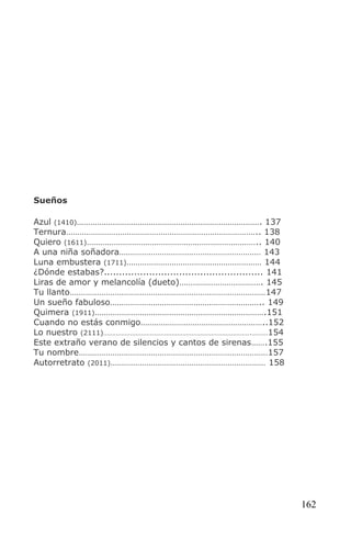 Sueños

Azul (1410)………………………………………………………………………. 137
Ternura………………………………………………………………………….. 138
Quiero (1611)………………………………………………………………….. 140
A una niña soñadora……………………………………………………… 143
Luna embustera (1711)…………………………………………………… 144
¿Dónde estabas?..................................................... 141
Liras de amor y melancolía (dueto)………………………………. 145
Tu llanto……………………………………………………………………………147
Un sueño fabuloso………………………………………………………….. 149
Quimera (1911)………………………………………………………………….151
Cuando no estás conmigo………………………………………………..152
Lo nuestro (2111)……………………………………………………………………….………154
Este extraño verano de silencios y cantos de sirenas…….155
Tu nombre…………………………………………………………………………157
Autorretrato (2011)…………………………………………………………… 158




                                                                           162
 