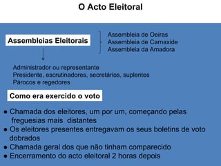 O Acto Eleitoral Assembleias Eleitorais Como era exercido o voto Assembleia de Oeiras Assembleia de Carnaxide Assembleia da Amadora Administrador ou representante Presidente, escrutinadores, secretários, suplentes  Párocos e regedores ●  Chamada dos eleitores, um por um, começando pelas  freguesias mais  distantes ●  Os eleitores presentes entregavam os seus boletins de voto  dobrados ●  Chamada geral dos que não tinham comparecido ●  Encerramento do acto eleitoral 2 horas depois 