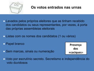Os votos entrados nas urnas ●  Levados pelos próprios eleitores que as tinham recebido  dos candidatos ou seus representantes, por vezes, à porta  das próprias assembleias eleitorais ●   Listas com os nomes dos candidatos (1 ou vários) ●   Papel branco ●  Sem marcas, sinais ou numeração ●  Voto por escrutínio secreto. Secretismo e independência do  voto duvidosos Presença  dos  «caciques » 