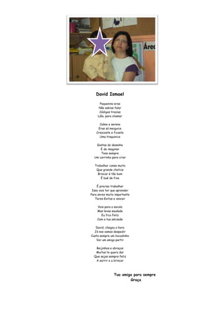 David Ismael

      Pequenino eras
     Não sabias falar
      Códigos trazias
     Lála, para chamar

      Calmo e sereno
     Eras só meiguice
    Cresceste e ficaste
      Uma traquinice

   Gostas do desenho
      E de imaginar
      Tens sempre
  Um carrinho para criar

  Trabalhar cansa muito
   Que grande chatice
    Brincar é tão bom
      É bué de fixe

    É preciso trabalhar
 Isso vais ter que aprender
Para seres muito importante
   Teres êxitos e vencer

    Vais para a escola
    Mas levas saudade
      Eu fico Feliz
    Com a tua amizade

   David, chegou a hora
  Já nos vamos despedir
Custa sempre um bocadinho
   Ver um amigo partir

   Beijinhos e abraços
   Muitos te quero dar
  Que sejas sempre feliz
   A sorrir e a brincar



                Tua amiga para sempre
                        Graça
 