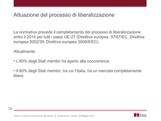 La normativa prevede il completamento del processo di liberalizzazione
entro il 2014 per tutti i paesi UE-27 (Direttiva europea 97/67/EC, Direttiva
europea 2002/39, Direttiva europea 2008/6/EC).
Attualmente
• L’80% degli Stati membri ha aperto alla concorrenza
• Il 60% degli Stati membri, tra cui l’Italia, ha un mercato completamente
libero
Verso un indice di produzione dei servizi, R. Iannaccone – Roma, 23 Maggio 2013
Attuazione del processo di liberalizzazione
10
 