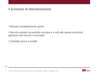 • Mercato completamente aperto
• Servizio postale accessibile ovunque e a tutti alle stesse condizioni
(garanzia del servizio universale)
• Controllo prezzi e qualità
Verso un indice di produzione dei servizi, R. Iannaccone – Roma, 23 Maggio 2013
Il processo di liberalizzazione
11
 