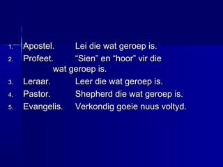 1.1. Apostel.Apostel. Lei die wat geroep is.Lei die wat geroep is.
2.2. Profeet.Profeet. “Sien” en “hoor” vir die“Sien” en “hoor” vir die
wat geroep is.wat geroep is.
3.3. Leraar.Leraar. Leer die wat geroep is.Leer die wat geroep is.
4.4. Pastor.Pastor. Shepherd die wat geroep is.Shepherd die wat geroep is.
5.5. Evangelis.Evangelis. Verkondig goeie nuus voltyd.Verkondig goeie nuus voltyd.
 