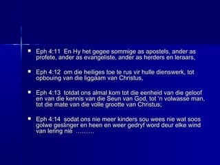  Eph 4:11 En Hy het gegee sommige as apostels, ander asEph 4:11 En Hy het gegee sommige as apostels, ander as
profete, ander as evangeliste, ander as herders en leraars,profete, ander as evangeliste, ander as herders en leraars,
 Eph 4:12 om die heiliges toe te rus vir hulle dienswerk, totEph 4:12 om die heiliges toe te rus vir hulle dienswerk, tot
opbouing van die liggaam van Christus,opbouing van die liggaam van Christus,
 Eph 4:13 totdat ons almal kom tot die eenheid van die geloofEph 4:13 totdat ons almal kom tot die eenheid van die geloof
en van die kennis van die Seun van God, tot ‘n volwasse man,en van die kennis van die Seun van God, tot ‘n volwasse man,
tot die mate van die volle grootte van Christus;tot die mate van die volle grootte van Christus;
 Eph 4:14 sodat ons nie meer kinders sou wees nie wat soosEph 4:14 sodat ons nie meer kinders sou wees nie wat soos
golwe geslinger en heen en weer gedryf word deur elke windgolwe geslinger en heen en weer gedryf word deur elke wind
van lering nie ………van lering nie ………
 