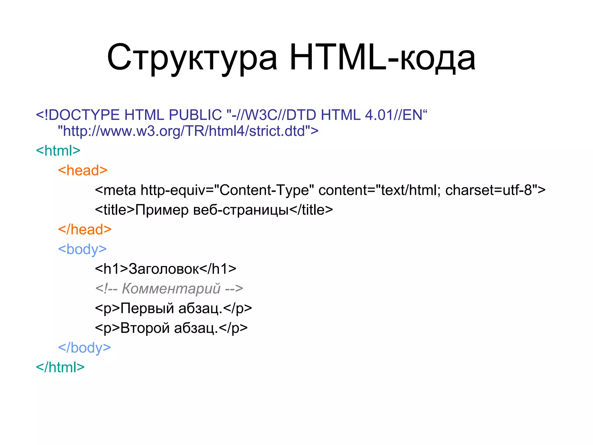 Структура HTML-кода
<!DOCTYPE HTML PUBLIC "-//W3C//DTD HTML 4.01//EN“
   "http://www.w3.org/TR/html4/strict.dtd">
<html>
   <head>
          <meta http-equiv="Content-Type" content="text/html; charset=utf-8">
          <title>Пример веб-страницы</title>
   </head>
   <body>
          <h1>Заголовок</h1>
          <!-- Комментарий -->
          <p>Первый абзац.</p>
          <p>Второй абзац.</p>
   </body>
</html>
 