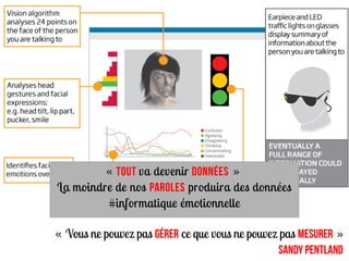 « TOUT va devenir DONNéES   »
La moindre de nos PAROLES produira des données
         #informatique émotionnelle

« Vous ne pouvez pas gérer ce que vous ne pouvez pas mesurer »
                                                 Sandy Pentland
 