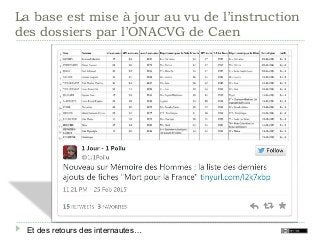 La base est mise à jour au vu de l’instruction
des dossiers par l’ONACVG de Caen
Et des retours des internautes…
 