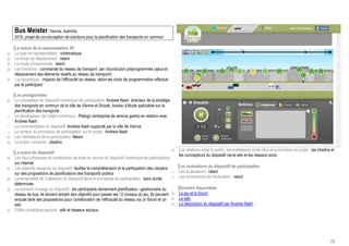 Bus Meister, Vienne, Autriche
    2010, projet de co-conception de solutions pour la planification des transports en commun

    La nature de la représentation 3D
o   Le type de représentation : schématique
o   Le mode de déplacement : néant
o   Le mode d’interactivité : néant
o   Les fonctions : commande du réseau de transport par clics-bouton préprogrammés (ajout et
    déplacement des éléments relatifs au réseau de transport)
o    La dynamique : impacts de l’efficacité du réseau selon les choix de programmation effectué
    par le participant

    Les protagonistes
o   Le concepteur du dispositif numérique de participation: Andrew Nash, directeur de la stratégie
    des transports en commun de la ville de Vienne et Snizek, bureau d’étude spécialisé sur la
    planification des transports
o   Le développeur de l’objet numérique : Platogo (entreprise de serious game) en relation avec
    Andrew Nash
o   Le commanditaire du dispositif: Andrew Nash supporté par la ville de Vienne
o   Le porteur du processus de participation sur le projet : Andrew Nash
o   Les médiateurs de la participation: Néant
o   Le public concerné : citadins
                                                                                                      o   Les relations entre le public, les médiateurs et les élus et techniciens du projet : les citadins et
    La scène du dispositif
                                                                                                          les concepteurs du dispositif via le wiki et les réseaux socio
o   Les lieux physiques et numériques de mise en œuvre du dispositif numérique de participation:
    sur internet
o   Les objectifs assignés au dispositif: faciliter la compréhension et la participation des citoyens     Les évaluations du dispositif de participation
    sur des propositions de planifications des transports publics                                     o   Les évaluateurs : néant
o   La temporalité de l’utilisation du dispositif dans le processus de participation : sans durée     o   Les conclusions de l’évaluation : néant
    déterminée
o   Le scénario d’usage du dispositif : les participants deviennent planificateur –gestionnaire du        Données disponibles
    réseau de bus, ils doivent remplir des objectifs pour passer les 12 niveaux du jeu. Ils peuvent o     Le jeu et le forum
    ensuite faire des propositions pour l’amélioration de l’efficacité du réseau via un forum et un o     Le wiki
    wiki                                                                                              o   La description du dispositif par Andrew Nash
o   Outils numérique associé : wiki et réseaux sociaux




                                                                                                                                                                                                           59
 