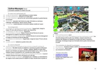 Gulliver-Maurepas, Rennes
         Concertation préalable à la création de la ZAC

          La nature de la représentation 3D
   Le type de représentation : projet schématique et existant réaliste
   Le mode de déplacement : immersif via un avatar géant
   Le mode d’interactivité : chat écrit et oral, communication gestuelle et question/réponse
    via formulaire
   Les fonctions : description des fonctions du projet, informations sur panneaux
    d’affichage, multiutilisateurs, salle de réunion virtuelle.
   La dynamique : sociale (discussion et rencontre), spatiale (mobilité de l’avatar)

         Les protagonistes
   Le concepteur du dispositif numérique de participation : Hugues Aubin, chargé de
    mission TIC de la ville de Rennes en relation avec Assembl’live
   Le développeur de l’objet numérique : Assemb’live                                                projet, accéder à de l’information naviguer et interagir virtuellement avec d’autres
   Le commanditaire du dispositif : Mission TIC de la ville de Rennes et le service                 usagers.
    Aménagement et Usages du Numérique de Rennes                                                     Outils numérique associé : aucun
   Le porteur du processus de participation : la ville de Rennes et le service Aménagement          Les relations entre le public, les médiateurs et les élus et techniciens du projet : Une
    et Usages du Numérique de Rennes Métropole                                                           rencontre physique entre le public et le médiateur, chargé de répondre aux
   Les médiateurs de la participation : Hugues Aubin, chargé de mission TIC de la ville de              questions des utilisateurs du dispositif sur le projet et les aider à manipuler la
    Rennes                                                                                               technologie. Un échange en ligne via le formulaire entre le public et les techniciens
   Le public concerné : habitants du quartier et de la ville                                            du projet.
          La scène du dispositif                                                                          Les évaluations du dispositif de participation
   Les lieux physiques et numériques de mise en œuvre du dispositif numérique de                   o    Les évaluateurs : étudiants en Master 2 USETIC de l’Université de Rennes
    participation : Site dédié d’accès à la plateforme, caravanes de quartiers de Maurepas          o    Type d’évaluation : étude d’usage
   Les objectifs assignés au dispositif : partager, expliquer, débattre du projet urbain,          o    Les conclusions de l’évaluation :
    donner à voir l’évolution par rapport à l’environnement existant connu, créer un outil de
    médiation ludique et accessible en 24/7, permettre des visites virtuelles                              Données disponibles
   La temporalité de l’utilisation du dispositif dans le processus de participation : 2 jours en   o    La plateforme numérique
    médiation physique par quartier, permanence sur le site web                                     o    Présentation du dispositif
   Le scénario d’usage du dispositif : accompagner par un médiateur ou individuellement,           o    Entretien avec Hugues Aubin, le 30
    les usagers et leurs avatars peuvent se déplacer de façon naturelle dans le quartier en              septembre 2011




                                                                                                                                                                                            60
 