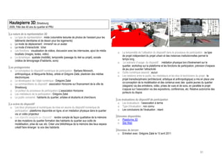 Hautepierre 3D, Strasbourg
2009, Fête des 40 ans du quartier et PRU

La nature de la représentation 3D
 o Le type de représentation : mixte (volumétrie texturée de photos de l’existant pour les
     bâtiments identitaires et de dessin pour les logements)
 o Le mode de déplacement : immersif via un avatar
 o Le mode d’interactivité : tchat
 o Les fonctions : visualisation de vidéos, discussion avec les internautes, ajout de média
                                                                                                 o    La temporalité de l’utilisation du dispositif dans le processus de participation : ce type
     localisés (images, textes, vidéo)
                                                                                                      de projet indépendant du projet urbain et des instances institutionnelles permet le
 o La dynamique : spatiale (mobilité), temporelle (passage du réel au projet), sociale
                                                                                                      temps long.
     (vidéos de témoignage d’habitants, sons)
                                                                                                 o     Le scénario d’usage du dispositif : médiation physique lors d’événement sur le
                                                                                                      quartier, workshop sur la plateforme et les fonctions de participation, prévision d’espace
Les protagonistes
                                                                                                      de jeu pour susciter l’attractivité
 o Le concepteur du dispositif numérique de participation : Barbara Morovich,
                                                                                                 o    Outils numérique associé : aucun
     anthropologue, et Marguerite Bobey, artiste et Grégoire Zabé, plasticien des médias
                                                                                                 o    Les relations entre le public, les médiateurs et les élus et techniciens du projet : le
     électroniques
                                                                                                      projet transdisciplinaire (architectural, artistique et anthropologique) a mis en place une
 o Le développeur de l’objet numérique : Grégoire Zabé
                                                                                                      co-conception de la modélisation et des contenus avec des quatre jeunes du quartier
 o Le commanditaire du dispositif : association Horizome sur financement de la ville de
                                                                                                      (stagiaire) via des entretiens, vidéo, prises de vues et de sons, en parallèle le projet
     Strasbourg
                                                                                                      s’appuie sur l’association via des expositions, conférences, etc. Relative autonomie des
 o Le porteur du processus de participation: L’association Horizome
                                                                                                      porteurs du dispos
 o Les médiateurs de la participation : Grégoire Zabé
 o Le public concerné : habitants du quartier, artistes et étudiants et chercheurs
                                                                                                 Les évaluations du dispositif de participation
La scène du dispositif                                                                            o Les évaluateurs : l’association à terme
 o Les lieux physiques et numériques de mise en œuvre du dispositif numérique de                  o Type d’évaluation : non connu
     participation : plateforme disponible en ligne, et en médiation physique dans le quartier    o Les conclusions de l’évaluation : néant
     via un vidéo projecteur
 o Les objectifs assignés au dispositif : rendre compte de façon qualitative de la mémoire       Données disponibles
     et des mutations du quartier formation des habitants du quartier aux outils de               o Plateforme 3D
     modélisation, prise de vue, etc. Créer une bibliothèque de la mémoire des lieux espace       o Site Web
     créatif faire émerger la voix des habitants
                                                                                                 Données de terrain
                                                                                                  o Entretien avec Grégoire Zabé le 13 avril 2011




                                                                                                                                                                                  61
 