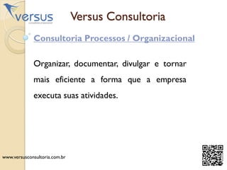 Versus Consultoria
Consultoria Processos / Organizacional
Organizar, documentar, divulgar e tornar
mais eficiente a forma que a empresa
executa suas atividades.
www.versusconsultoria.com.br
 
