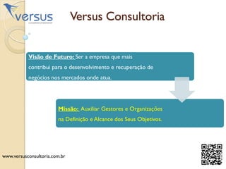Visão de Futuro: Ser a empresa que mais
contribui para o desenvolvimento e recuperação de
negócios nos mercados onde atua.
Missão: Auxiliar Gestores e Organizações
na Definição e Alcance dos Seus Objetivos.
Versus Consultoria
www.versusconsultoria.com.br
 