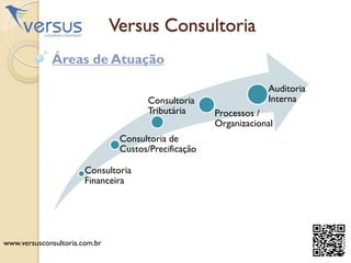 Versus Consultoria
Consultoria
Financeira
Consultoria de
Custos/Precificação
Consultoria
Tributária Processos /
Organizaci...