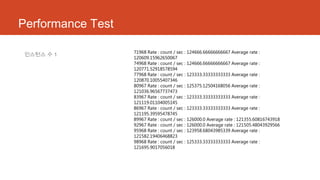 Performance Test
인스턴스 수 1 71968 Rate : count / sec : 124666.66666666667 Average rate :
120609.15962650067
74968 Rate : count / sec : 124666.66666666667 Average rate :
120771.52918578594
77968 Rate : count / sec : 123333.33333333333 Average rate :
120870.10055407346
80967 Rate : count / sec : 125375.12504168056 Average rate :
121036.96567737473
83967 Rate : count / sec : 123333.33333333333 Average rate :
121119.01104005145
86967 Rate : count / sec : 123333.33333333333 Average rate :
121195.39595478745
89967 Rate : count / sec : 126000.0 Average rate : 121355.60816743918
92967 Rate : count / sec : 126000.0 Average rate : 121505.48043929566
95968 Rate : count / sec : 123958.68043985339 Average rate :
121582.19406468823
98968 Rate : count / sec : 12533​​3.33333333333 Average rate :
121695.9017056018
 