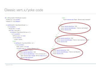 codecentric AG
Classic vert.x/yoke code
def crc(String baseDir, GYokeRequest request) {
EventBus bus = vertx.eventBus
FileSystem fs = vertx.fileSystem
fs.readDir(baseDir) { AsyncResult<String[]> rs ->
if (rs.succeeded) {
String[] paths = rs.result
paths.each { String path ->
fs.props(path) { AsyncResult<FileProps> rs1 ->
if (rs1.succeeded) {
FileProps props = rs1.result
if (props.directory) {
crc(path, request)
} else {
fs.readFile(path) { AsyncResult<Buffer> rs2 ->
if (rs2.succeeded) {
Buffer content = rs2.result
bus.send("create.crc", content) { Message result ->
if (result.body().status == 'error') {
request.response.statusCode = 500
request.response.statusMessage = "Error processing file " +
"$path: ${result.body().message}: ${result.body().error} n" +
"${result.body().stacktrace}"
request.response.end()
} else {
request.response.write "$path = ${result.body().message}n"
}
}
} else {
request.response.statusCode = 500
request.response.statusMessage = "Failed to read file $path"
request.response.end()
}
}
}
} else {
request.response.statusCode = 500
request.response.statusMessage = "Failed to read properties for $path"
request.response.end()
}
}
}
} else {
request.response.statusCode = 500
request.response.statusMessage = "Failed to read $baseDir"
request.response.end()
}
}
}
 