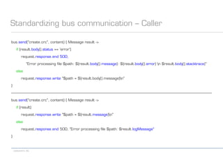 codecentric AG
Standardizing bus communication – Caller
bus.send("create.crc", content) { Message result ->
if (result.body().status == 'error')
request.response.end 500,
"Error processing file $path: ${result.body().message}: ${result.body().error} n $result.body().stacktrace}"
else
request.response.write "$path = ${result.body().message}n"
}
-------------------------------------------------------------------------------------------------------------------------------------------------------------------------------------------------------------------
bus.send("create.crc", content) { Message result ->
if (result)
request.response.write "$path = ${result.message}n"
else
request.response.end 500, "Error processing file $path: $result.logMessage"
}
 