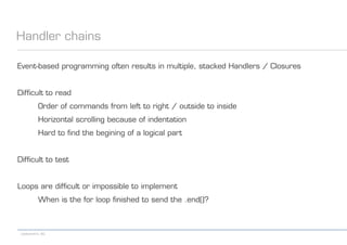 codecentric AG
Handler chains
Event-based programming often results in multiple, stacked Handlers / Closures
Difficult to read
Order of commands from left to right / outside to inside
Horizontal scrolling because of indentation
Hard to find the begining of a logical part
Difficult to test
Loops are difficult or impossible to implement
When is the for loop finished to send the .end()?
 