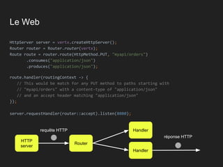 Le Web
HttpServer server = vertx.createHttpServer();
Router router = Router.router(vertx);
Route route = router.route(HttpMethod.PUT, "myapi/orders")
.consumes("application/json")
.produces("application/json");
route.handler(routingContext -> {
// This would be match for any PUT method to paths starting with
// "myapi/orders" with a content-type of "application/json"
// and an accept header matching "application/json"
});
server.requestHandler(router::accept).listen(8080);
HTTP
server
Router
Handler
Handler
réponse HTTP
requête HTTP
 