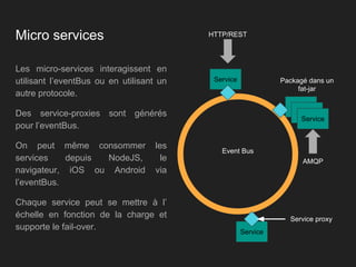Micro services
Les micro-services interagissent en
utilisant l’eventBus ou en utilisant un
autre protocole.
Des service-proxies sont générés
pour l’eventBus.
On peut même consommer les
services depuis NodeJS, le
navigateur, iOS ou Android via
l’eventBus.
Chaque service peut se mettre à l’
échelle en fonction de la charge et
supporte le fail-over.
Service
Event Bus
Service
Service
Packagé dans un
fat-jar
HTTP/REST
AMQP
Service proxy
 