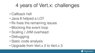 @bjschrijver
4 years of Vert.x: challenges
• Callback hell
• Java 8 helped a LOT
• Rx fixes the remaining issues
• Blocking the event loop
• Scaling / JVM overhead
• Debugging
• Static code analysis
• Upgrade from Vert.x 2 to Vert.x 3
 
