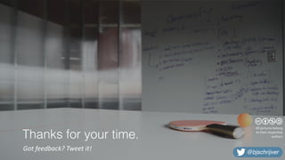 Thanks for your time.
Got	feedback?	Tweet	it!
All	pictures	belong	
to	their	respective		
authors
@bjschrijver
 