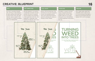 CREATIVE: BLUEPRINT 16
ART DIRECTION
The main component is a tree made out
of cannabis that corresponds to the joint
advertised. This device of creating the
tree out of cannabis can be transformed
as Verte expands their product line. The
background is a rolling paper, which
proceeds to be rolled into a joint as copy
appears along with Verte’s logo.
HEADLINE
The headline is consistent with Verte’s
strategy of transparent education by
stating what Verte is all about. These
headlines explain our core message,
allowing the viewer to still understand
our mission should they not read into the
body copy.
CALL OUTS
Each ad’s call-outs state the name of the
joint featured, the strain, the consumption
occasion, and sustainability practices.
These call-outs demonstrate transparent
education by informing the consumer on
all aspects of Verte’s cannabis.
TAGLINE
The ad’s tagline further explain Verte’s
sustainability practice to plant one tree
for every joint purchased. Each tagline is
tailored to the joint featured in that ad to
emphasize Verte’s one for one program.
GIFS
All of Verte’s advertising is primarily
online, allowing us to take advantage of
the digital capabilities that resonate with
our target consumer. Verte’s ads will be
video gifs, sequences repeated 3 times,
which allows us to educate our consumer
without over whelming them.
 