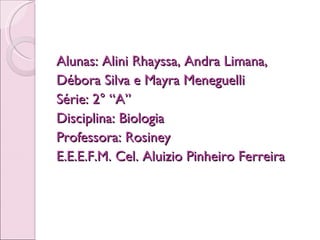 Alunas: Alini Rhayssa, Andra Limana, Débora Silva e Mayra Meneguelli Série: 2° “A” Disciplina: Biologia Professora: Rosiney E.E.E.F.M. Cel. Aluizio Pinheiro Ferreira 