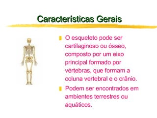 Características Gerais O esqueleto pode ser cartilaginoso ou ósseo, composto por um eixo principal formado por vértebras, que formam a coluna vertebral e o crânio. Podem ser encontrados em ambientes terrestres ou  aquáticos. 