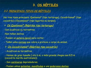 3.3. OS RÉPTILESOS RÉPTILES
3.2.3.2. PRINCIPAIS TIPOS DE RÉPTILESPRINCIPAIS TIPOS DE RÉPTILES
Hai tres tipos principais: Quelonios* (tipo tartaruga), Cocodrilianos* (tipo
cocodrilo) e Escamosos* (tipo lagartos ou serpes).
 Os Quelonios* (Réptiles tipo tartaruga)
-Son acuáticos ou terrestres.
-Non teñen dentes.
- Posúen un peteiro (pico) para cortar.
- Teñen unha coiraza que cobre e protexe o corpo do animal.
 Os Cocodrilianos* (Réptiles tipo cocodrilo)
- Acuáticos ou terrestres.
- Hainos de gran tamaño ( ata 6 m; o máis grande chegou aos 8,5 m
(cocodrilo mariño australiano)).
- Son carnívoros depredadores.
- Posúen unhas potentes mandíbulas e uns poderosos dentes.
 