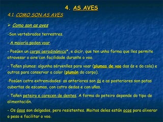 4.4. AS AVESAS AVES
4.1.4.1. COMO SON AS AVESCOMO SON AS AVES
 Como son as aves
-Son vertebrados terrestres.
- A maioría poden voar.
- Posúen un corpo aerodinámico*, e dicir, que ten unha forma que lles permite
atravesar o aire con facilidade durante o voo.
- Teñen plumas: algunha sérvenlles para voar (plumas de vooplumas de voo das ás e da cola) e
outras para conservar a calor (plumónplumón do corpo).
-Posúen catro extremidades: as anteriores son ás e as posteriores son patas
cubertas de escamas, con catro dedos e con uñas.
- Teñen peteiro e carecen de dentes. A forma do peteiro depende do tipo de
alimentación.
- Os ósos son delgados, pero resistentes. Moitos deles están ocos para alixerar
o peso e facilitar o voo.
 