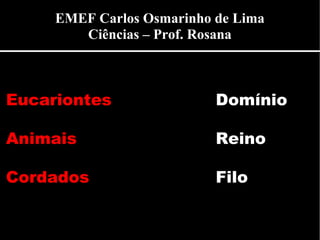 Eucariontes Domínio
Animais Reino
Cordados Filo
EMEF Carlos Osmarinho de Lima
Ciências – Prof. Rosana
 