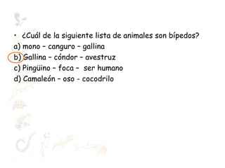 ¿Cuál de la siguiente lista de animales son bípedos? a) mono – canguro – gallina b) Gallina – cóndor – avestruz c) Pingüino – foca –  ser humano d) Camaleón – oso - cocodrilo 