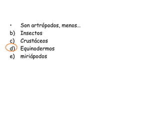 Son artrópodos, menos… Insectos Crustáceos Equinodermos miriápodos 