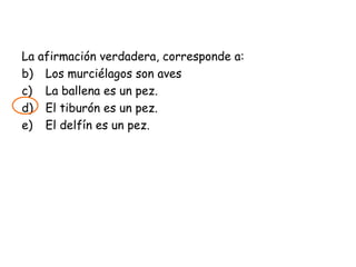 La afirmación verdadera, corresponde a: Los murciélagos son aves La ballena es un pez. El tiburón es un pez. El delfín es un pez. 