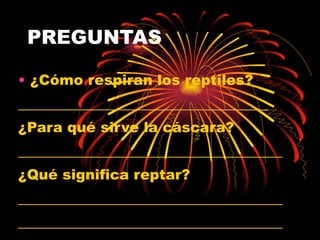 PREGUNTAS ¿Cómo respiran los reptiles? ___________________________________ ¿Para qué sirve la cáscara? _____________________________________ ¿Qué significa reptar? _____________________________________ _____________________________________  