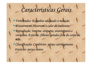 Características Gerais
• Vertebrados: Esqueleto adaptado à natação.
• Ectotérmicos:Absorvem o calor do ambiente.
  Ectotérmicos:Absorvem
• Reprodução: Interna- ovíparos, ovovivíparos e
               Interna-
             Externa-
  vivíparos. Externa- filhotes gerados fora do corpo da
  mãe.
• Classificação: Condríctes- peixes cartilaginosos.
                 Condríctes-
 Osteíctes-
 Osteíctes- peixes ósseos
 