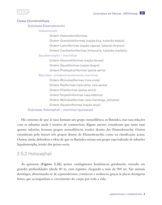 57
Agnatha atuais e Chondrichthyes 2
Licenciatura em Ciências · USP/Univesp
Classe Chondrichthyes
	 Subclasse Elasmobranchii
		Galeomorphi
			Ordem Heterodontiformes
			 Ordem Orectolobiformes (cação-lixa, tubarão-baleia)
			 Ordem Lamniformes (cação-raposa, tubarão-branco)
			 Ordem Carcharhiniformes (tintureira, tubarão-martelo)
		 Squalomorphii – marinhos
			Ordem Hexanchiformes (cação-bruxa)
			Ordem Squaliformes (cação-bagre)
			Ordem Pristiophoriformes (peixe-serra)	
		 Batoidea – predominantemente marinhos
			Ordem Rhinobatiformes (raia-viola)
			 Ordem Rajiformes (raia-chita, raia-santa)
			Ordem Pristiformes (peixe-serra)
			OrdemTorpediniformes (raia-elétrica)
			 Ordem Myliobatiformes (raia-manteiga, jamanta)
			Ordem Squatiniformes (cação-anjo)
	 Subclasse Holocephali – marinhos (quimeras)
Há consenso de que as raias formam um grupo monofilético, os Batoidea, mas suas relações
com os tubarões ainda é motivo de controvérsia. Alguns autores consideram que tanto raias
quanto tubarões formam grupos monofiléticos, irmãos dentro dos Elasmobranchii. Outros
consideram pelo menos três grupos dentro de Elasmobranchii, como na classificação acima.
Outros,ainda,defendem a ideia de que os Batoidea seriam um grupo especializado de tubarões
Squalomorpha, irmão dos peixes-serra.
2.5.2 Holocephali
As quimeras (Figura 2.26), peixes cartilaginosos bentônicos, geralmente vivendo em
grandes profundidades (desde 80 m, com registros chegando a mais de 900 m). São animais
durófagos, alimentando-se de equinodermos, crustáceos e moluscos, graças às placas dentígeras
fortes, que acompanham o crescimento do corpo por toda a vida.
 