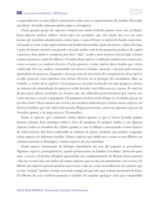 176
VIDA E MEIO AMBIENTE Diversidade e Evolução de Vertebrados
Licenciatura em Ciências · USP/Univesp
os passeriformes, os mais hábeis construtores estão entre os representantes das famílias Ploceidae
(tecelões) e Icteridae (pássaros-pretos, japus e corrupiões).
Outro grande grupo de espécies constrói um ninho fechado, muitas vezes em cavidades.
Essas espécies podem utilizar vários tipos de cavidades, que vão desde um oco em uma
árvore, até utensílios abandonados, como latas e canos. Dentre os ninhos fechados mais notá-
veis pode-se citar o dos representantes da família Furnariidae (joão-de-barro e afins). De fato,
o joão-de-barro constrói um grande e pesado ninho com barro, pequenos pedaços de capim
e gravetos. Esse ninho é composto por duas “salas”, sendo a mais interna o local onde a fêmea
realiza a postura e cuida dos filhotes.O ninho dessa espécie é utilizado também por outras aves,
como os tuins e os canários da terra. O joão-graveto é outra espécie dessa família que é bem
conhecida. Os seus ninhos, construídos em árvores isoladas, chamam a atenção pela enorme
quantidade de gravetos,chegando a alcançar mais de um metro de comprimento.Essa espécie
escolhe gravetos com espinhos, uma forma eficiente de se proteger dos predadores. Mas, na
verdade, o ninho dessa espécie é bem pequeno, estando localizado em uma pequena câmara
no interior do emaranhado de gravetos, sendo forrado com folhas macias e penas.As espécies
de pica-paus abrem cavidades nas árvores, que são utilizadas posteriormente por outras aves
como tucanos, corujas e papagaios. Os papagaios podem ainda alargar as cavidades, graças ao
seu bico forte. Ocos naturais nas árvores são também utilizados por muitas outras espécies, de
diversas famílias, que não estão relacionadas filogeneticamente, como em algumas espécies de
Anatidae (patos) e de papa-moscas (Tyrannidae).
Tanto as espécies que constroem ninho aberto quanto as que o fazem fechado podem
formar colônias. Esta estratégia reduz o risco de predação do próprio ninho, e, em algumas
espécies, todos os membros da colônia ajudam a criar os filhotes, aumentando as suas chances
de sobrevivência. São bem conhecidas as colônias de garças (ninhais), que podem congregar
várias espécies de diferentes famílias. Outras espécies que nidificam e criam os seus filhotes em
colônias incluem os flamingos e muitas espécies de aves marinhas.
Outro aspecto interessante da biologia reprodutiva das aves diz respeito ao parasitismo.
Algumas espécies, principalmente aquelas pertencentes às famílias Cuculidae (almas-de-gato,
anus e cucos) e Icteridae (chupim) apresentam este comportamento.As fêmeas destas espécies
colocam os seus ovos nos ninhos de outras espécies,que os chocam juntamente com os seus.Os
filhotes das espécies parasitas podem nascer mais cedo ou, como normalmente são maiores que
os seus“irmãos”,pedem comida com mais energia do que eles,que acabam morrendo de fome.
Os filhotes do cuco também possuem o instinto de expulsar qualquer coisa que compartilhe
 