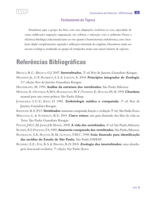 185
Aves 6
Licenciatura em Ciências · USP/Univesp
Fechamento do Tópico
Estudamos aqui o grupo das Aves, com suas adaptações exclusivas ao voo, capacidade de
canto, nidificação, migração, organização em colônias e interação com o ambiente.Vimos a
eficiência fisiológica relacionada tanto ao voo quanto à homeotermia endotérmica,com circu-
lação dupla completamente separada e utilização otimizada do oxigênio.Discutimos ainda seu
sucesso ecológico,resultando no grupo de tetrápodes atuais com maior número de espécies.
Referências Bibliográficas
Brusca, R.C.; Brusca, G.J. 2007. Invertebrados. 2ª ed. Rio de Janeiro, Guanabara Koogan.
Hickman Jr., C.P.; Roberts, L.S. & Larson,A. 2004. Princípios integrados de Zoologia.
11ª edição. Rio de Janeiro: Guanabara Koogan.
Hildebrand, M. 1995. Análise da estrutura dos vertebrados. São Paulo,Atheneu.
Höfling,E.;Oliveira,A.M.S.;Rodrigues,M.T.;Trajano,E.;Rocha,P.L.B.1995.Chordata:
manual para um curso prático. São Paulo, Edusp.
Junqueira, L.C.V.; Zago, D. 1982. Embriologia médica e comparada. 3ª ed. Rio de
Janeiro, Guanabara Koogan.
Kardong,K.V.2011.Vertebrados: anatomia comparada,função e evolução.5ª ed.,São Paulo,Roca.
Margulis, L. & Schwartz, K.U. 2001. Cinco reinos: um guia ilustrado dos filos da vida na
Terra. São Paulo, Guanabara Koogan.
Pough,J.H;C.M.Janis;J.B.Heiser.2008.A vida dos vertebrados. 4ª ed.São Paulo,Atheneu.
Romer,A.S;Parsons,T.S.1985.Anatomia comparada dos vertebrados. São Paulo,Atheneu.
Rodrigues, S.A.; Rocha, R.M.; Lotufo,T.M.C. 1998. Guia ilustrado para identificação
das ascídias do Estado de São Paulo. São Paulo, FAPESP.
Ruppert, E.E.; Fox, R.S. & Barnes, R.D. 2005. Zoologia dos invertebrados: uma aborda-
gem funcional-evolutiva. 7ª edição. São Paulo, Roca.
 