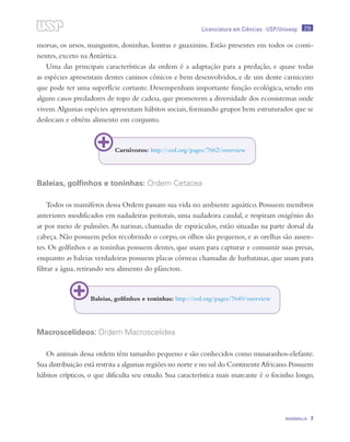 219
MAMMALIA 7
Licenciatura em Ciências · USP/Univesp
morsas, os ursos, mangustos, doninhas, lontras e guaxinins. Estão presentes em todos os conti-
nentes, exceto na Antártica.
Uma das principais características da ordem é a adaptação para a predação, e quase todas
as espécies apresentam dentes caninos cônicos e bem desenvolvidos, e de um dente carniceiro
que pode ter uma superfície cortante. Desempenham importante função ecológica, sendo em
alguns casos predadores de topo de cadeia, que promovem a diversidade dos ecossistemas onde
vivem.Algumas espécies apresentam hábitos sociais, formando grupos bem estruturados que se
deslocam e obtêm alimento em conjunto.
Baleias, golfinhos e toninhas: Ordem Cetacea
Todos os mamíferos dessa Ordem passam sua vida no ambiente aquático. Possuem membros
anteriores modificados em nadadeiras peitorais, uma nadadeira caudal, e respiram oxigênio do
ar por meio de pulmões.As narinas, chamadas de espiráculos, estão situadas na parte dorsal da
cabeça. Não possuem pelos recobrindo o corpo, os olhos são pequenos, e as orelhas são ausen-
tes. Os golfinhos e as toninhas possuem dentes, que usam para capturar e consumir suas presas,
enquanto as baleias verdadeiras possuem placas córneas chamadas de barbatanas, que usam para
filtrar a água, retirando seu alimento do plâncton.
Macroscelideos: Ordem Macroscelidea
Os animais dessa ordem têm tamanho pequeno e são conhecidos como musaranhos-elefante.
Sua distribuição está restrita a algumas regiões no norte e no sul do ContinenteAfricano.Possuem
hábitos crípticos, o que dificulta seu estudo. Sua característica mais marcante é o focinho longo,
Carnívoros: http://eol.org/pages/7662/overview
Baleias, golfinhos e toninhas: http://eol.org/pages/7649/overview
 