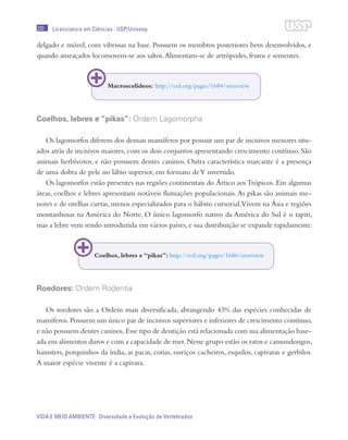220
VIDA E MEIO AMBIENTE Diversidade e Evolução de Vertebrados
Licenciatura em Ciências · USP/Univesp
delgado e móvel, com vibrissas na base. Possuem os membros posteriores bem desenvolvidos, e
quando ameaçados locomovem-se aos saltos.Alimentam-se de artrópodes, frutos e sementes.
Coelhos, lebres e “pikas”: Ordem Lagomorpha
Os lagomorfos diferem dos demais mamíferos por possuir um par de incisivos menores situ-
ados atrás de incisivos maiores, com os dois conjuntos apresentando crescimento contínuo. São
animais herbívoros, e não possuem dentes caninos. Outra característica marcante é a presença
de uma dobra de pele no lábio superior, em formato deY invertido.
Os lagomorfos estão presentes nas regiões continentais do Ártico aosTrópicos. Em algumas
áreas, coelhos e lebres apresentam notáveis flutuações populacionais.As pikas são animais me-
nores e de orelhas curtas, menos especializados para o hábito cursorial.Vivem na Ásia e regiões
montanhosas na América do Norte. O único lagomorfo nativo da América do Sul é o tapiti,
mas a lebre vem sendo introduzida em vários países, e sua distribuição se expande rapidamente.
Roedores: Ordem Rodentia
Os roedores são a Ordem mais diversificada, abrangendo 43% das espécies conhecidas de
mamíferos.Possuem um único par de incisivos superiores e inferiores de crescimento contínuo,
e não possuem dentes caninos.Esse tipo de dentição está relacionada com sua alimentação base-
ada em alimentos duros e com a capacidade de roer.Nesse grupo estão os ratos e camundongos,
hamsters, porquinhos da índia, as pacas, cotias, ouriços cacheiros, esquilos, capivaras e gerbilos.
A maior espécie vivente é a capivara.
Macroscelideos: http://eol.org/pages/1684/overview
Coelhos, lebres e “pikas”: http://eol.org/pages/1686/overview
 