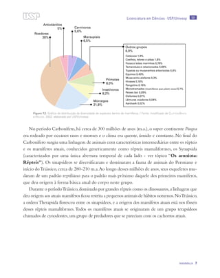 191
MAMMALIA 7
Licenciatura em Ciências · USP/Univesp
No período Carbonífero, há cerca de 300 milhões de anos (m.a.), o super continente Pangea
era rodeado por oceanos rasos e mornos e o clima era quente, úmido e constante. No final do
Carbonífero surgiu uma linhagem de animais com características intermediárias entre os répteis
e os mamíferos atuais, conhecidos genericamente como répteis mamaliformes, os Synapsida
(caracterizados por uma única abertura temporal de cada lado - ver tópico “Os amniota:
Répteis”). Os sinapsídeos se diversificaram e dominaram a fauna de animais do Permiano e
início doTriássico,cerca de 280-210 m.a.Ao longo desses milhões de anos,seus esqueletos mu-
daram de um padrão reptiliano para o padrão mais próximo daquele dos primeiros mamíferos,
que deu origem à forma básica atual do corpo neste grupo.
Durante o períodoTriássico,dominado por grandes répteis como os dinossauros,a linhagem que
deu origem aos atuais mamíferos ficou restrita a pequenos animais de hábitos noturnos.NoTriássico,
a ordemTherapsida floresceu entre os sinapsídeos, e a origem dos mamíferos atuais está nos fósseis
desses répteis mamaliformes.Todos os mamíferos atuais se originaram de um grupo terapsídeos
chamados de cynodontes,um grupo de predadores que se pareciam com os cachorros atuais.
Figura 7.2. Gráfico de distribuição da diversidade de espécies dentro de mamíferos. / Fonte: modificado de Clutton-Brock
e Wilson, 2002; elaborado por USP/Univesp
 
