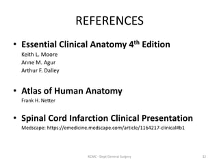 REFERENCES
• Essential Clinical Anatomy 4th Edition
Keith L. Moore
Anne M. Agur
Arthur F. Dalley
• Atlas of Human Anatomy
Frank H. Netter
• Spinal Cord Infarction Clinical Presentation
Medscape: https://emedicine.medscape.com/article/1164217-clinical#b1
32
KCMC - Dept General Surgery
 