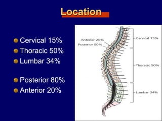 Location
Cervical 15%
Thoracic 50%
Lumbar 34%
Posterior 80%
Anterior 20%
 